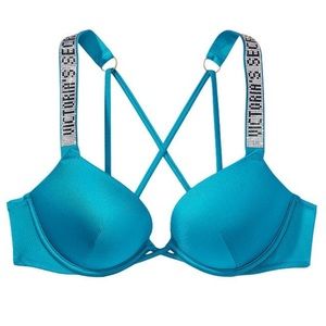 NWT Victoria’s Secret Rhinestone Ocean Blue Bombshell Push Up Bikini Top 32D